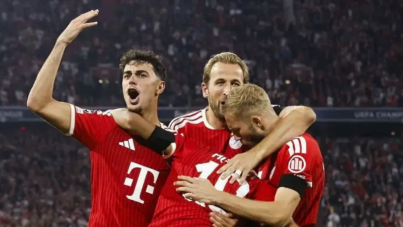 Bayern Munich players celebrate their goals against Bodo/Glimt